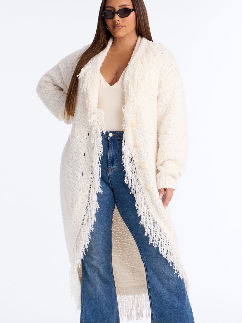 Fashion Nova Cream Fluffy Fringe Cardigan